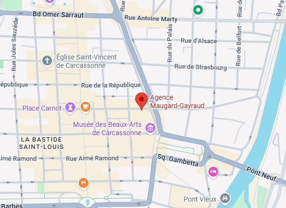 Carcassonne : Agence Maugard-Gayraud, carte et localisation Carte de Carcassonne (La Bastide Saint-Louis). Agence Maugard-Gayraud indiquée par un pin rouge, près du Musée des Beaux-Arts et de la Rue de la République.