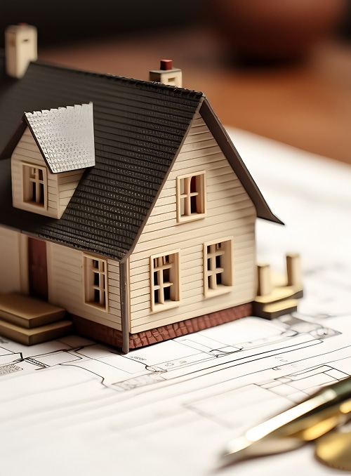 Maquette de maison et plans architecturaux : projet immobilier. Maquette détaillée d'une maison sur des plans architecturaux, avec un toit sombre et une façade en bois clair, à côté d'un stylo.